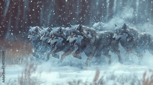 A pack of wolves hunting in the snow, their movements swift and synchronized, with snow falling softly around them. photo