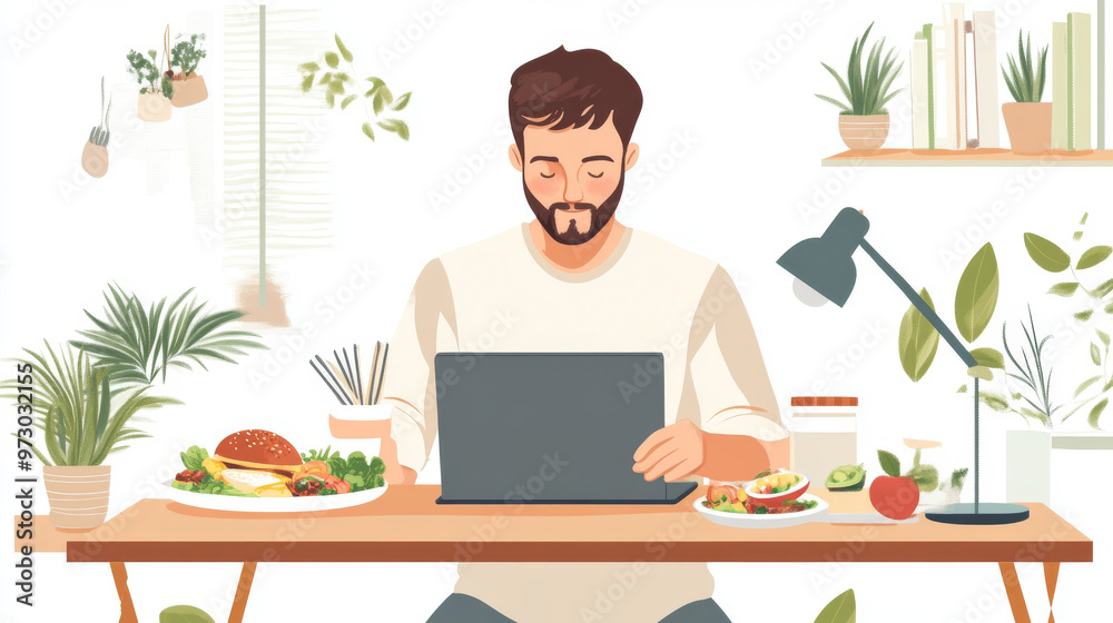 A remote worker enjoying a healthy meal during a lunch break, balancing nutrition and work A remote worker enjoying a healthy meal during a lunch break, balancing nutrition and work