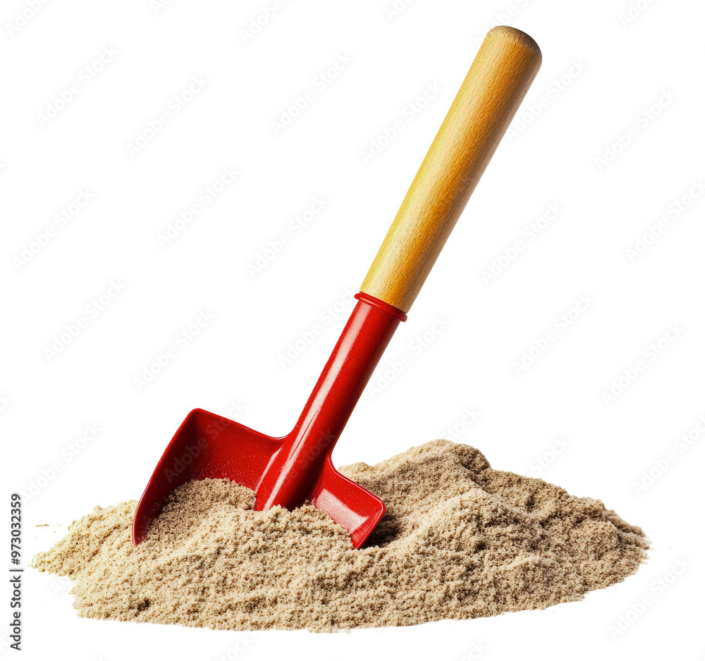 PNG Red shovel resting on a pile of sand indoors PNG Red shovel resting on a pile of sand indoors