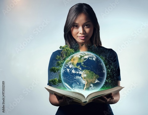 an image that might depict a person reading a book with pages that transform into a globea.Generative with AI photo