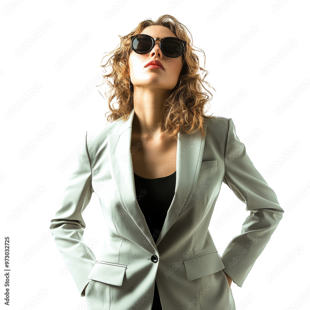 Confident woman in stylish blazer with sunglasses isolated transparent Confident woman in stylish blazer with sunglasses isolated transparent