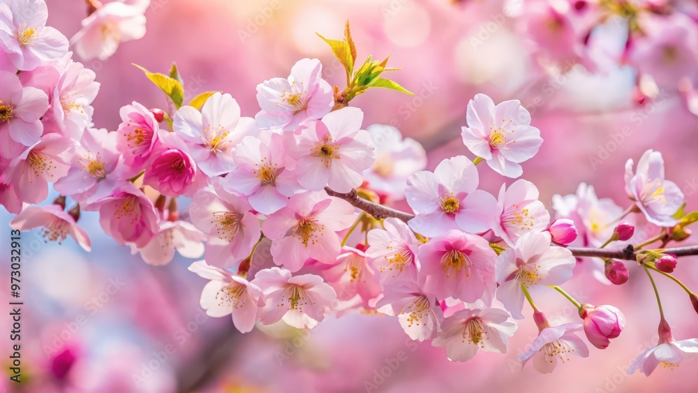 Close up of delicate pink cherry blossoms in Japan, sakura, spring, blooming, floral, petals, nature Close up of delicate pink cherry blossoms in Japan, sakura, spring, blooming, floral, petals, nature