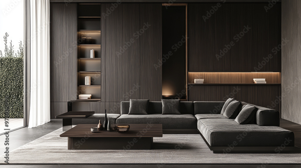 the dark grey living room with modern style sofa and wall decoration frames and arts the dark grey living room with modern style sofa and wall decoration frames and arts