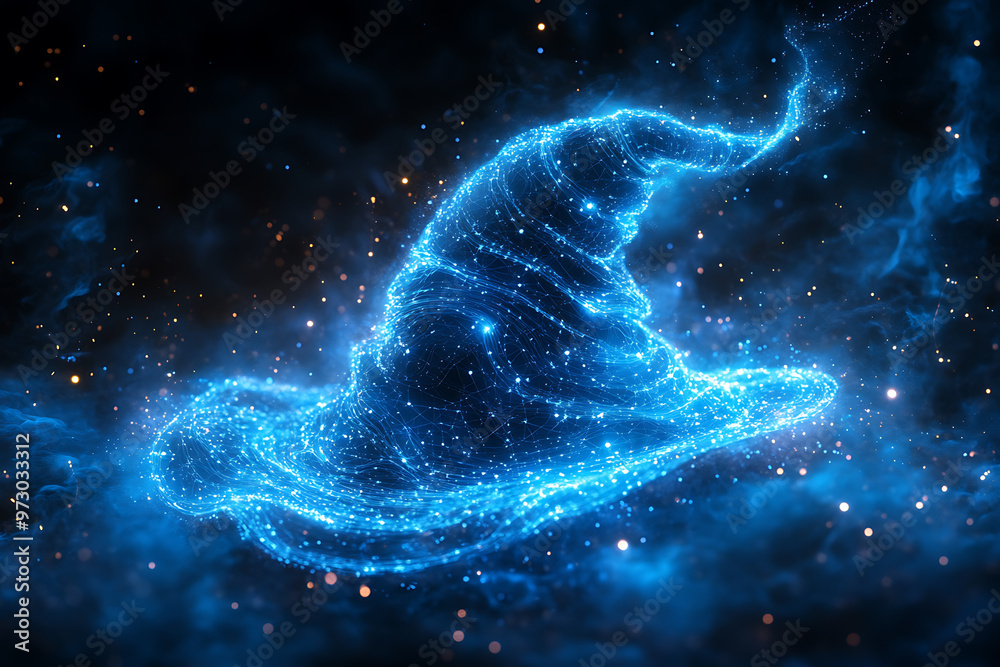 A mystical witch's hat floating in an abstract digital background, symbolizing magic, mystery, and enchantment. A mystical witch's hat floating in an abstract digital background, symbolizing magic, mystery, and enchantment.