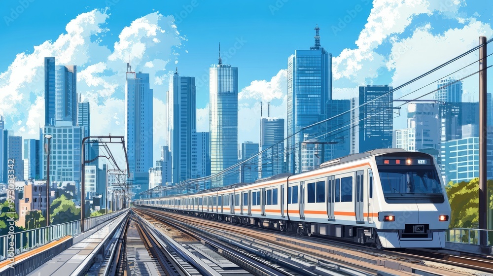 Naklejka premium A passenger train leaving a city station, transporting commuters toward the horizon, with tall buildings in the background.