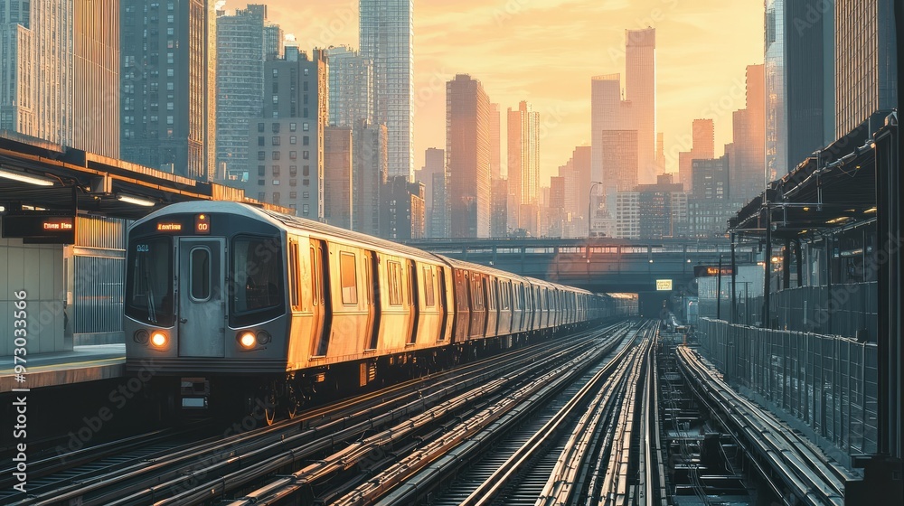 Fototapeta premium A passenger train leaving a city station, transporting commuters toward the horizon, with tall buildings in the background.