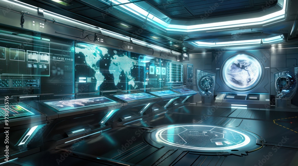 Futuristic Control Room with Advanced Technology and Earth Projection Futuristic Control Room with Advanced Technology and Earth Projection