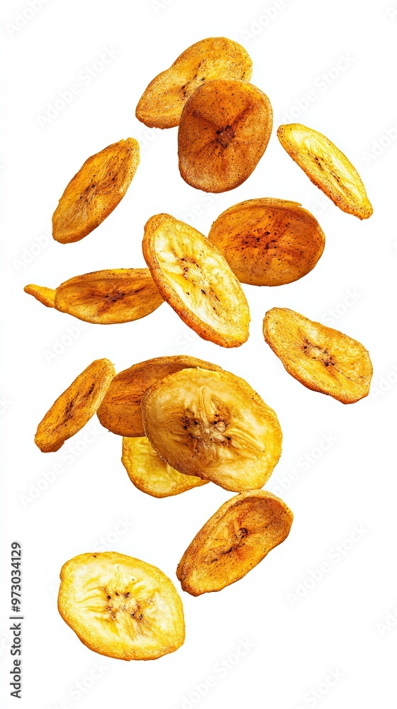 Crispy Golden Banana Chips Falling Through Air Crispy Golden Banana Chips Falling Through Air