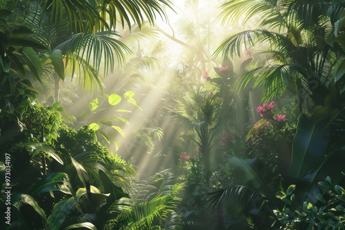 Sunlight streams through the dense canopy of a tropical rainforest, illuminating vibrant plants and flowers, creating an enchanting atmosphere in the morning.