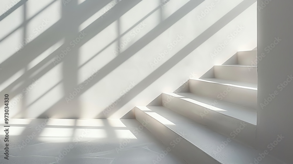 Fototapeta premium Minimalist staircase casting shadows with natural light, creating a serene and calming atmosphere in a modern interior space.