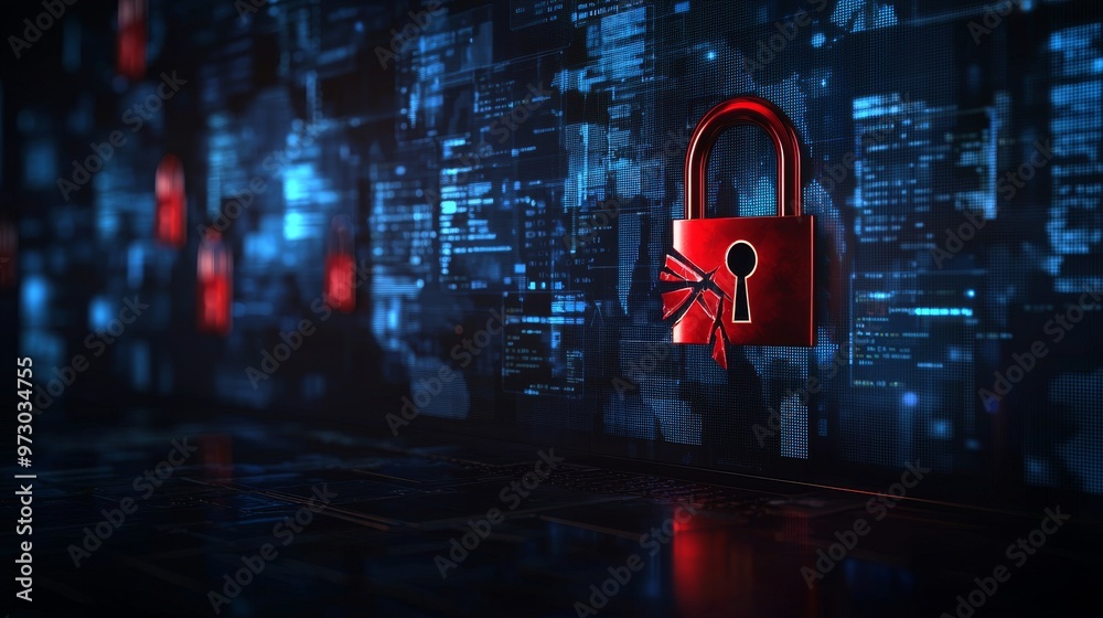 Broken Red Lock on Digital Wall, Cybersecurity, Data Security, Digital Security Broken Red Lock on Digital Wall, Cybersecurity, Data Security, Digital Security