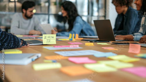 A team brainstorming session with notes and flowcharts about effective content creation strategies on a conference table