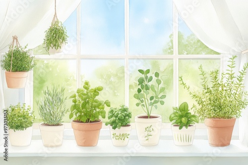 A bright window with various potted plants and herbs, creating a fresh and vibrant indoor garden atmosphere.