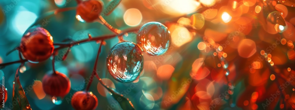 Close-up of water droplets on berries with bokeh lighting Close-up of water droplets on berries with bokeh lighting