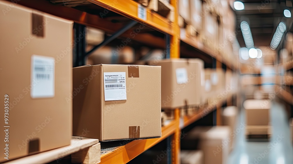 Cardboard Boxes Stacked on Orange Shelving in Warehouse Cardboard Boxes Stacked on Orange Shelving in Warehouse