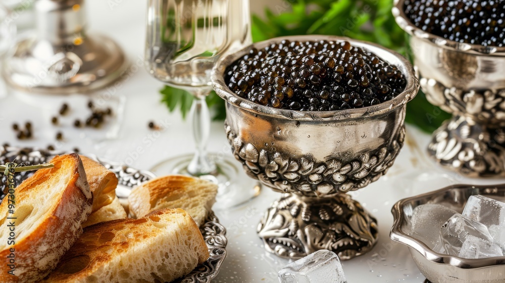 Black caviar on ice in silver bowl, Vodka and bread on white marble table. Black caviar on ice in silver bowl, Vodka and bread on white marble table.