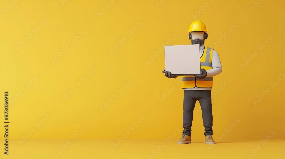 3D illustration of an industrial worker wearing a vest shoes and helmet holding a laptop with an empty white screen