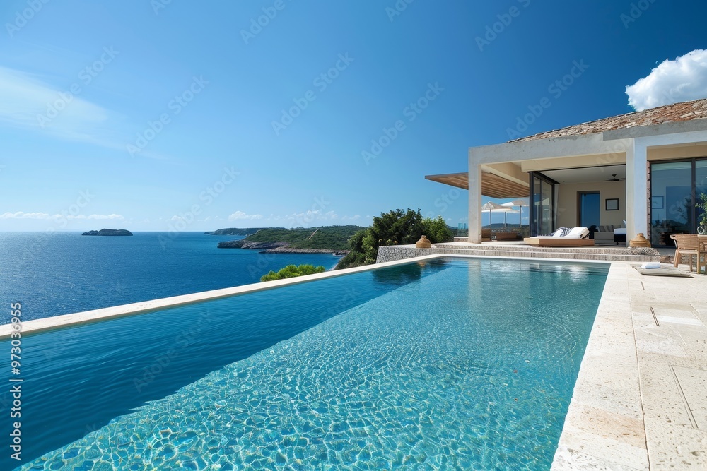 Fototapeta premium A stunning modern villa features an expansive infinity pool, offering breathtaking views of the clear blue ocean and scenic coastline under a bright sky.