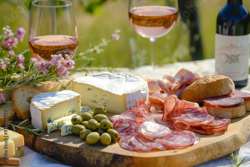 Picnic setting with bottle of wine, wine glasses, cheese, bread, jamon ang olives. Vineyard setting cheese and meat platter with red wine, perfect for gourmet food and wine tasting, romantic date photo