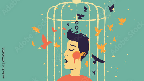 Negative emotions trapped in a cage, promoting positive thinking and mental health, with a focus on overcoming depression and achieving psychological success.