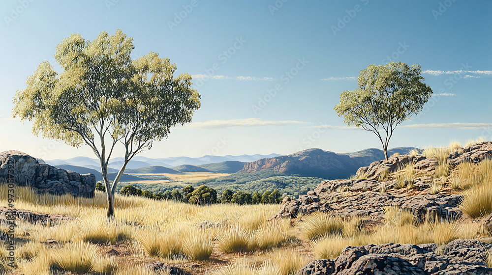 A serene landscape featuring Australian grass trees amidst a backdrop of rugged terrain and clear skies A serene landscape featuring Australian grass trees amidst a backdrop of rugged terrain and clear skies