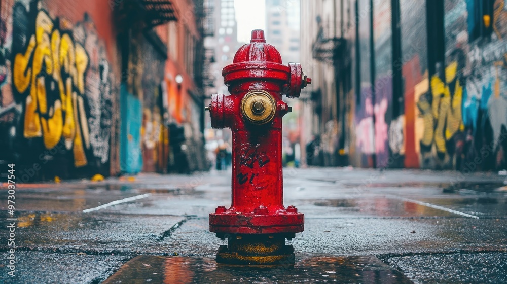 A red fire hydrant on a city street, with graffiti and urban life bustling in the background. A red fire hydrant on a city street, with graffiti and urban life bustling in the background.