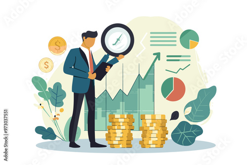 Businessman analyzing financial growth. Using magnifying glass to examine percentage graph, symbolizing business growth and investment profit.