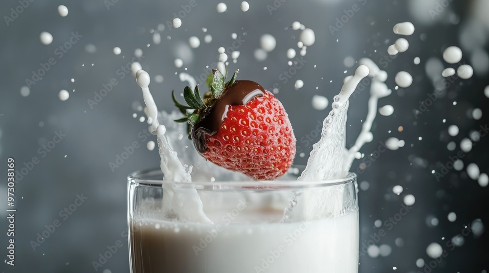 A side view of a chocolate-covered strawberry being dropped into a glass of milk, with a splash frozen as the berry hits the surface. A side view of a chocolate-covered strawberry being dropped into a glass of milk, with a splash frozen as the berry hits the surface.