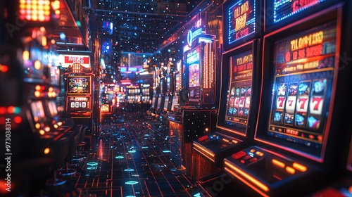 Neon-lit Casino Slot Machines in a Futuristic Setting