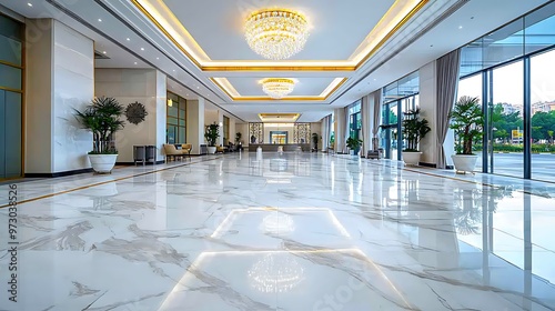 A luxurious hotel lobby gleams with marble floors and shimmering chandeliers. photo