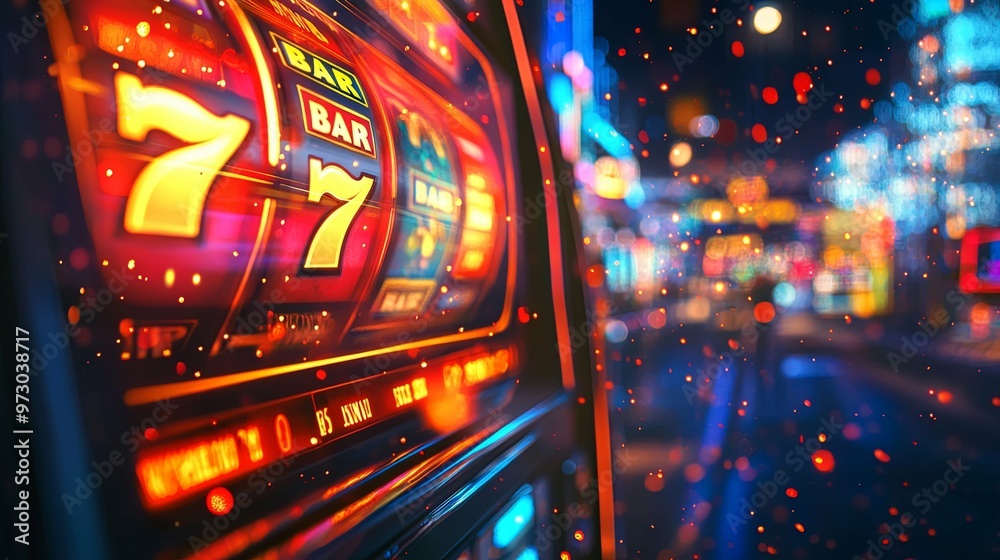 Illuminated Slot Machine with Seven Symbols in a Casino Setting at Night Illuminated Slot Machine with Seven Symbols in a Casino Setting at Night