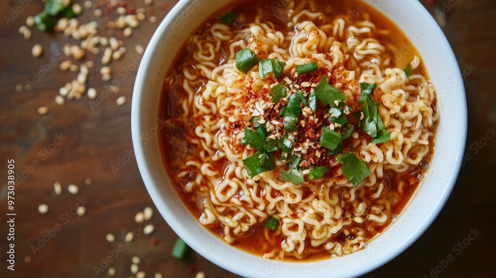 A spicy bowl of instant noodles with chili flakes and a dollop of hot sauce, creating a fiery and flavorful meal. A spicy bowl of instant noodles with chili flakes and a dollop of hot sauce, creating a fiery and flavorful meal.