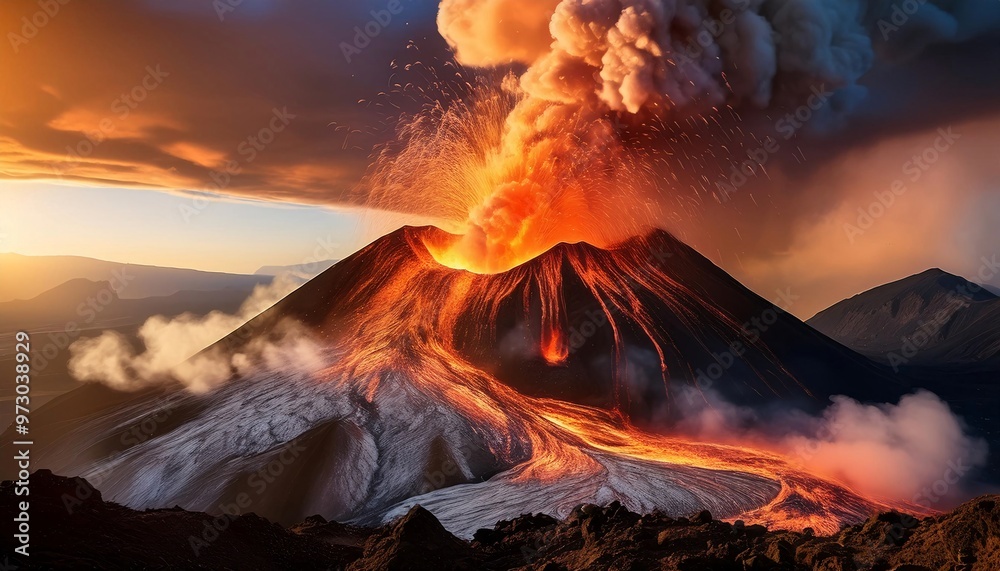 Fototapeta premium Minimalist volcanic eruption with lava smoke and fire