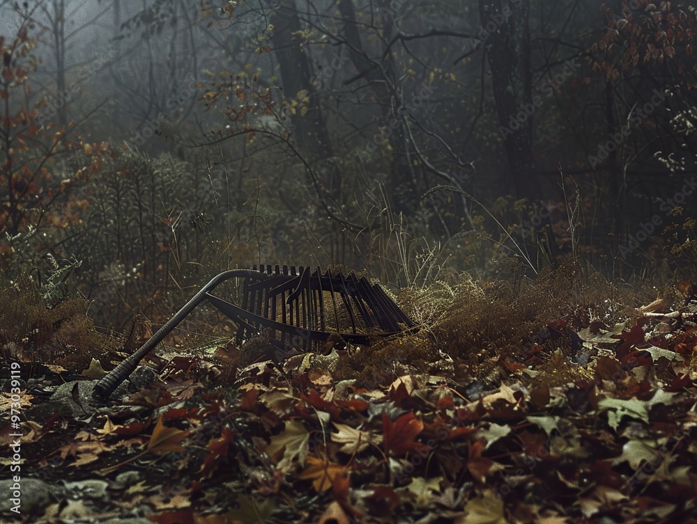 Fototapeta premium A forgotten rake lies in a misty autumn forest, surrounded by fallen leaves.