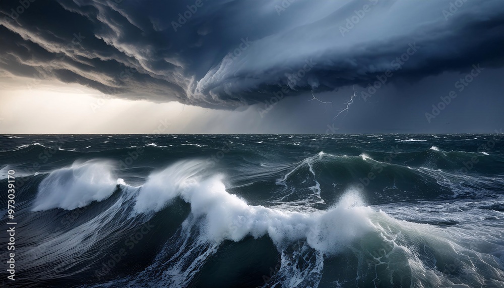 Fototapeta premium Dramatic storm over ocean with lightning and crashing waves, storm.