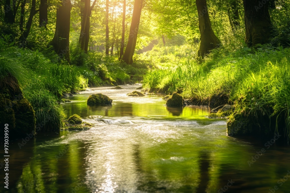 A gentle river flowing through a lush green forest, with sunlight reflecting off the water surface. Perfect for creating a calming and peaceful atmosphere A gentle river flowing through a lush green forest, with sunlight reflecting off the water surface. Perfect for creating a calming and peaceful atmosphere