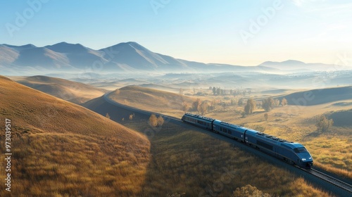 A train transporting cars on a special rail system, moving through a wide valley with distant hills and clear skies. photo