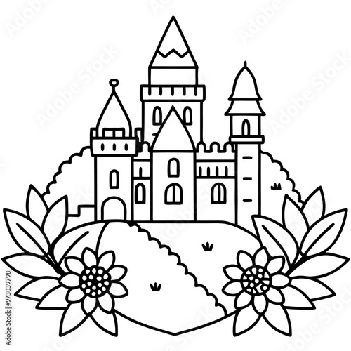 fairytale castle flower town outline coloring book page line art drawing