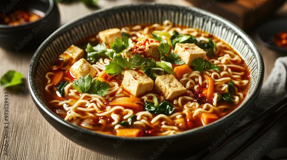 A vibrant noodle dish made from instant noodles, topped with stir-fried vegetables, tofu, and a dash of chili oil for extra spice.