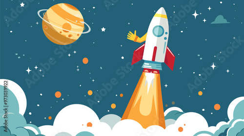 New startup launch with giant hand pushing start button and modern rocket taking off, symbolizing business development, innovation, and successful project management.