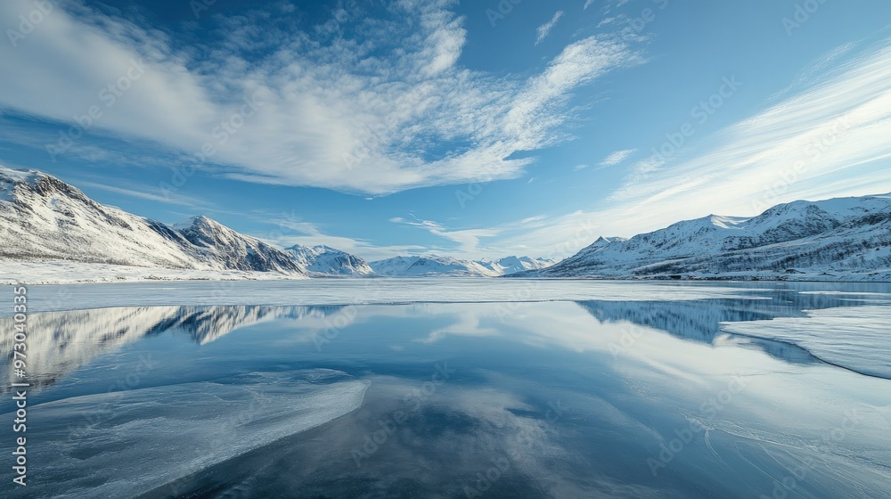 Obraz premium A view of a frozen lake with snow-covered mountains rising in the background, reflecting the bright winter sky.