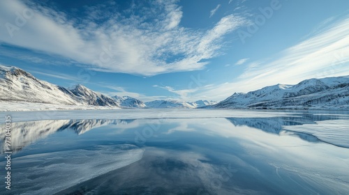 A view of a frozen lake with snow-covered mountains rising in the background, reflecting the bright winter sky.