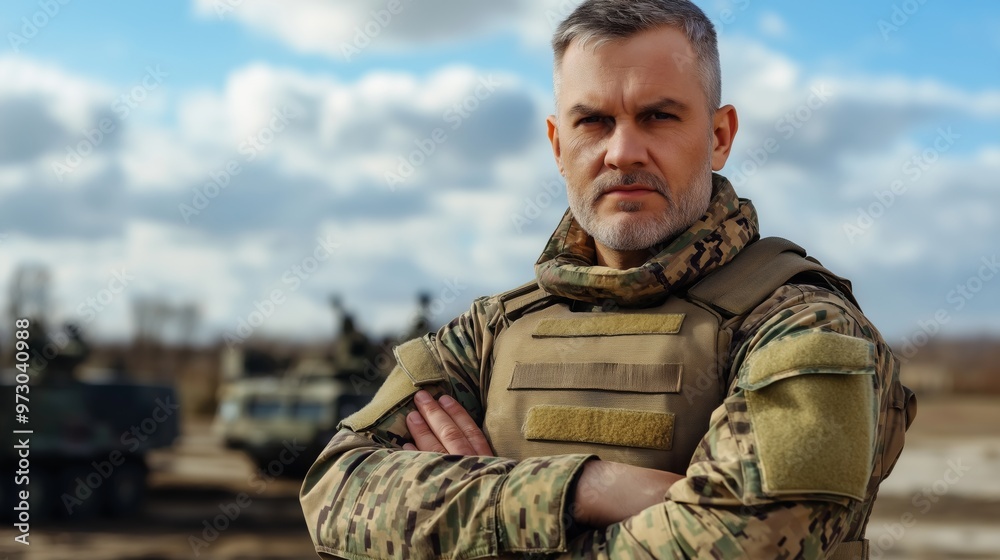 Middle Aged Western European Soldier Standing in Camouflage Uniform on a Cloudy Day with Military Vehicles in Background Middle Aged Western European Soldier Standing in Camouflage Uniform on a Cloudy Day with Military Vehicles in Background