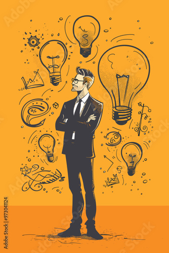 Businessman brainstorming, choosing ideas, finding new inspiration, buying idea light bulbs, creativity for new solutions, profitable startup launch, vector illustration.