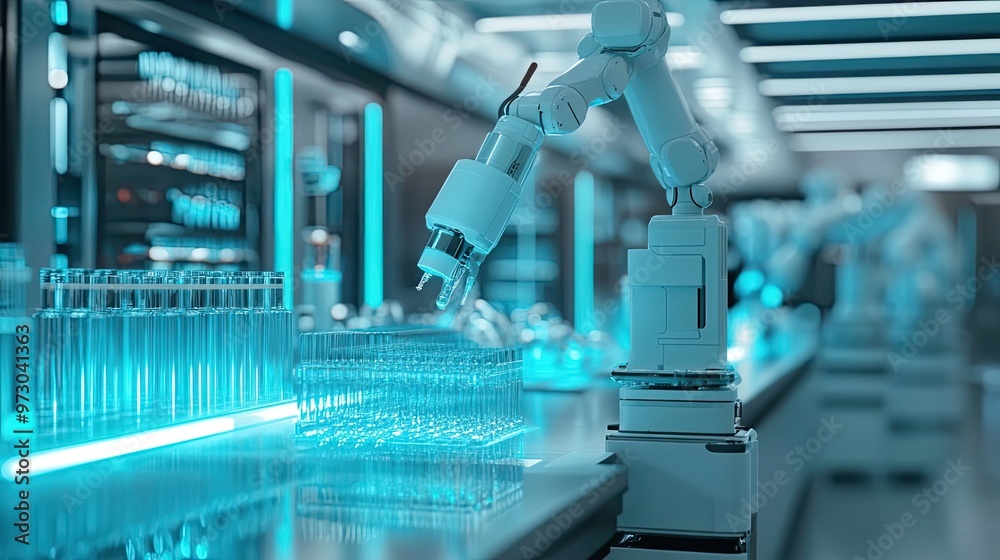 Robotic Arm Dispensing Liquid into Test Tubes in a Laboratory Setting Robotic Arm Dispensing Liquid into Test Tubes in a Laboratory Setting