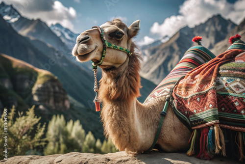 A Camel Resting in a Mountainous Landscape photo