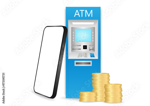 ATM Machine and Smartphone. Internet Banking and Online Payment Concept. Vector Illustration.