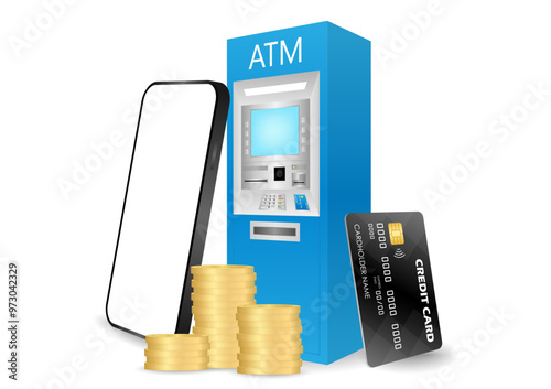 ATM Machine and Smartphone. Internet Banking and Online Payment Concept. Vector Illustration.