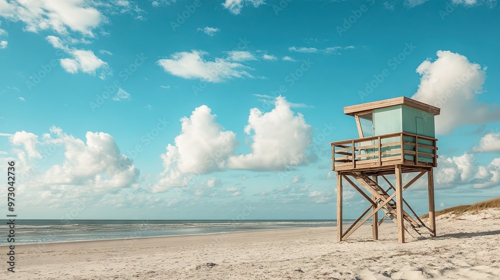 An empty lifeguard tower standing tall on a quiet beach, with the ocean stretching out behind it and soft white clouds above. An empty lifeguard tower standing tall on a quiet beach, with the ocean stretching out behind it and soft white clouds above.
