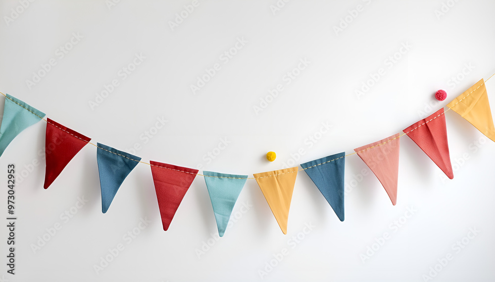 Obraz premium Bunting with colorful triangular flags on white background. Festive decor